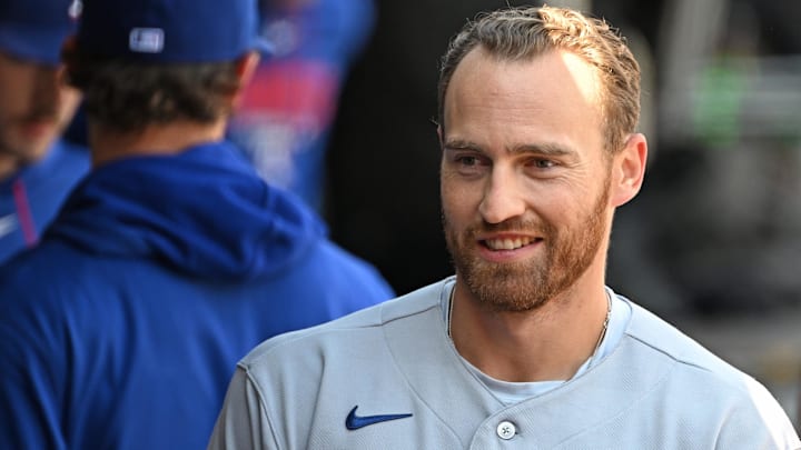Texas Rangers left fielder Brandon Nimmo inside the dugout.