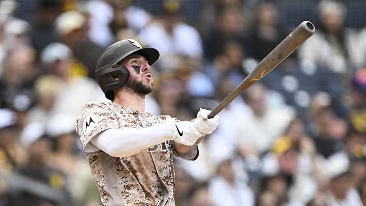 Apr 12, 2026; San Diego, California, USA; San Diego Padres center fielder Jackson Merrill (3) hits a solo home run during the seventh inning against the Colorado Rockies at Petco Park. Mandatory Credit: Denis Poroy-Imagn Images