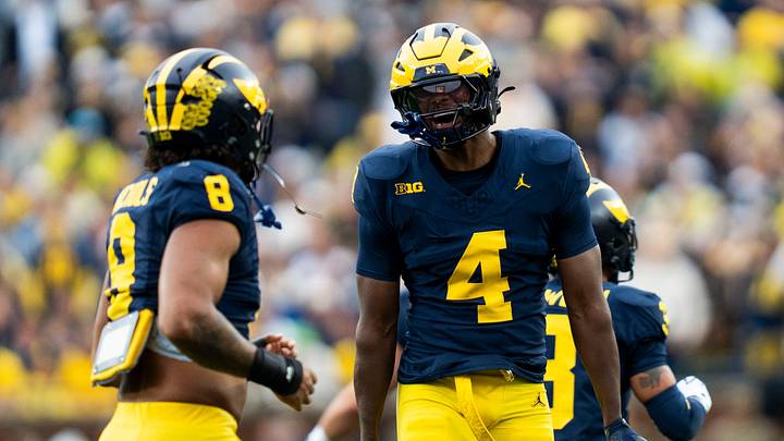 Michigan Wolverines defensive end Dominic Nichols (8), and linebacker Chase Taylor (4) celebrate a tackle for loss during the first quarter of a game against UTEP at Michigan Stadium in Ann Arbor on Saturday, Sept. 19, 2026. Michigan Wolverines defensive end Dominic Nichols (8), and linebacker Chase Taylor (4) celebrate a tackle for loss during the first quarter of a game against UTEP at Michigan Stadium in Ann Arbor on Saturday, Sept. 19, 2026.