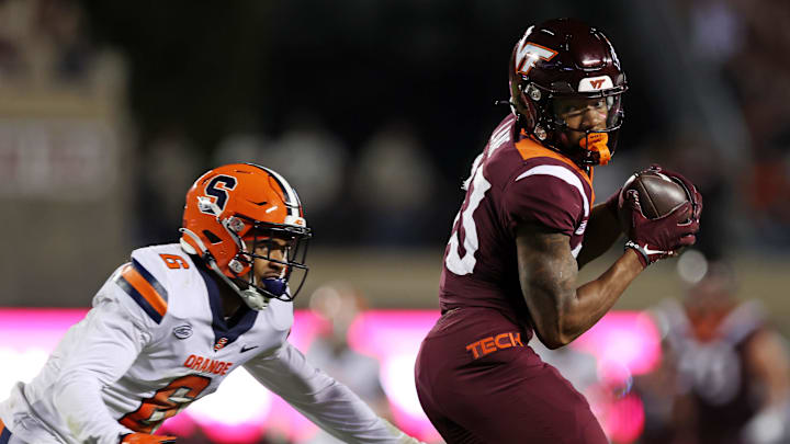 Oct 26, 2023; Blacksburg, Virginia, USA; Virginia Tech Hokies wide receiver Jaylin Lane (83) catches