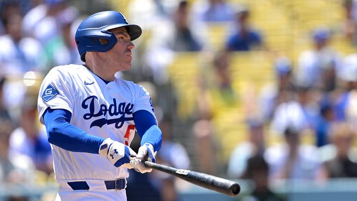 Jun 17, 2026; Los Angeles, California, USA;  Los Angeles Dodgers first baseman Freddie Freeman (5) hits a two-run home run during the sixth inning against the Tampa Bay Rays at Dodger Stadium. Mandatory Credit: Jayne Kamin-Oncea-Imagn Images