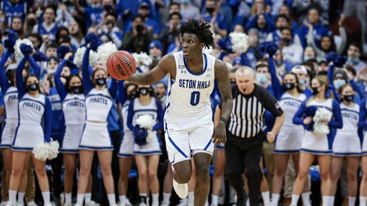 Jan 26, 2022; Newark, New Jersey, USA; Seton Hall Pirates guard Kadary Richmond (0) dribbles up the court.