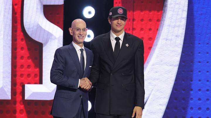 Jun 23, 2026; New York, NY, USA; NBA commissioner Adam Silver greets the twenty first pick in the 2026 NBA draft, Mexican forward Karim Lopez after he was selected by the Detroit Pistons at Barclays Center. Mandatory Credit: Brad Penner-Imagn Images Jun 23, 2026; New York, NY, USA; NBA commissioner Adam Silver greets the twenty first pick in the 2026 NBA draft, Mexican forward Karim Lopez after he was selected by the Detroit Pistons at Barclays Center. Mandatory Credit: Brad Penner-Imagn Images