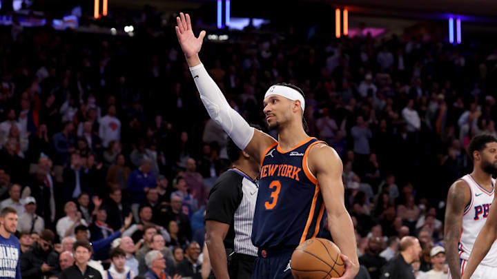 New York Knicks guard Josh Hart reacts during the fourth quarter against the Philadelphia 76ers.