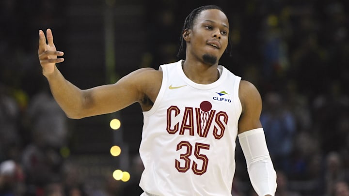 Nov 27, 2024; Cleveland, Ohio, USA; Cleveland Cavaliers forward Isaac Okoro (35) celebrates his three-point basket in the first quarter against the Atlanta Hawks at Rocket Mortgage FieldHouse. Mandatory Credit: David Richard-Imagn Images