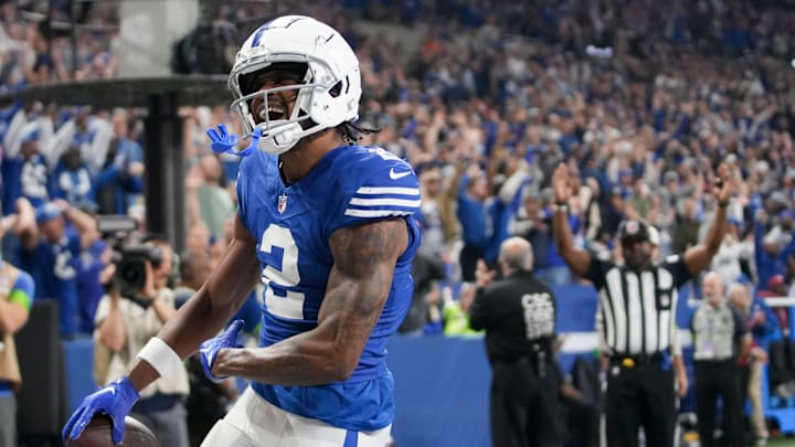Indianapolis Colts wide receiver D.J. Montgomery (2) runs into the end zone for a touchdown Saturday, Dec. 16, 2023, during a game against the Pittsburgh Steelers at Lucas Oil Stadium in Indianapolis.
