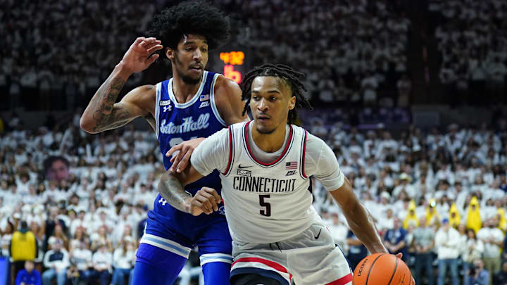 Mar 3, 2024; Storrs, Connecticut, USA; UConn Huskies guard Stephon Castle (5) drives the ball against Seton Hall Pirates guard Isaiah Coleman (21) in the second half at Harry A. Gampel Pavilion. Mandatory Credit: David Butler II-Imagn Images