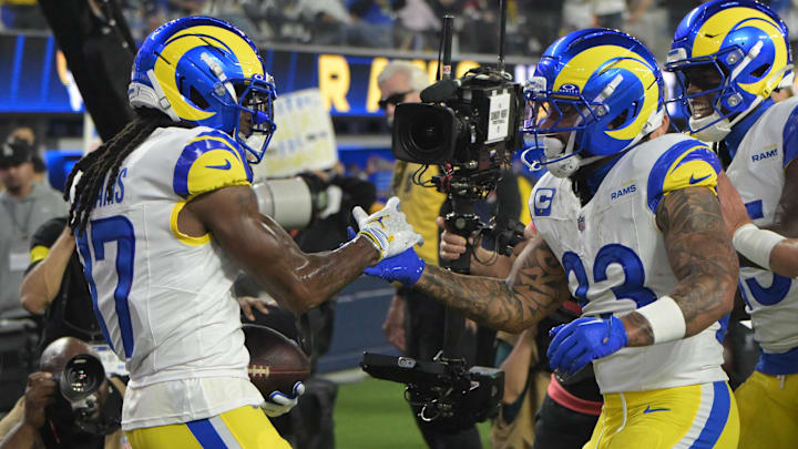 Nov 23, 2025; Inglewood, California, USA; Los Angeles Rams wide receiver Davante Adams (17) is congratulated by running back Kyren Williams (23) after a touchdown during the first half against the Tampa Bay Buccaneers at SoFi Stadium. Mandatory Credit: Jayne Kamin-Oncea-Imagn Images