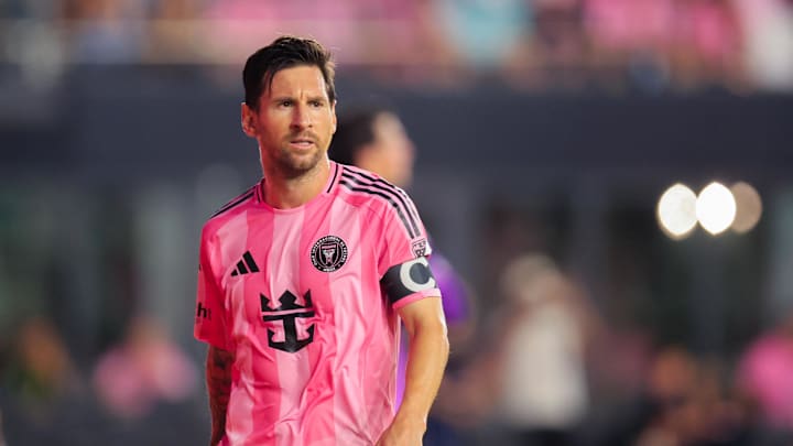 May 31, 2025; Fort Lauderdale, Florida, USA; Inter Miami CF forward Lionel Messi (10) looks on against the Columbus Crew during the first half at Chase Stadium. Mandatory Credit: Sam Navarro-Imagn Images