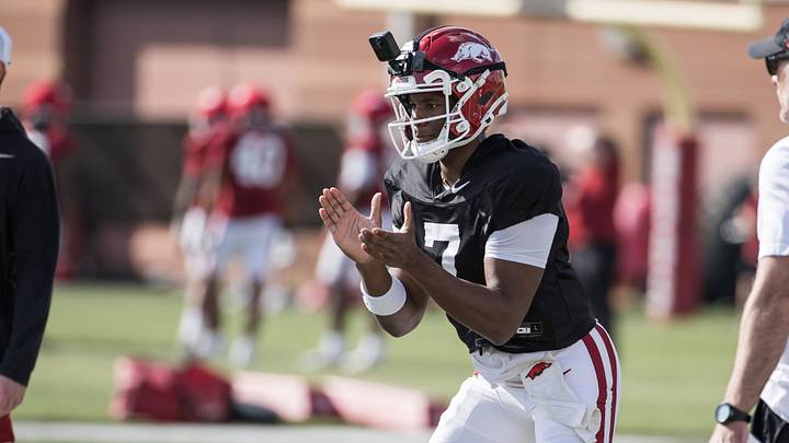 Apr 2, 2026; Fayetteville, AR, USA;  Arkansas Razorbacks quarterback KJ Jackson (7) gets ready for the snap during spring practice at the Arkansas Razorbacks practice facilities. Mandatory Credit: Brett Rojo-Imagn Images