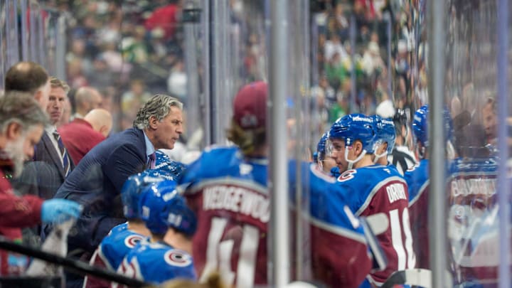 Dec 21, 2025; Saint Paul, Minnesota, USA; Colorado Avalanche head coach Jared Bednar speaks to Colorado Avalanche center Jack Drury (18) during a TV timeout in the third period against the Minnesota Wild at Grand Casino Arena. Mandatory Credit: Matt Blewett-Imagn Images