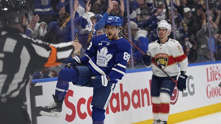 May 5, 2025; Toronto, Ontario, CAN; Toronto Maple Leafs forward William Nylander (88) celebrates his first of two goals as Florida Panthers forward Evan Rodrigues (17) reacts during the first period of the second round of the 2025 Stanley Cup Playoffs at Scotiabank Arena. Mandatory Credit: John E. Sokolowski-Imagn Images