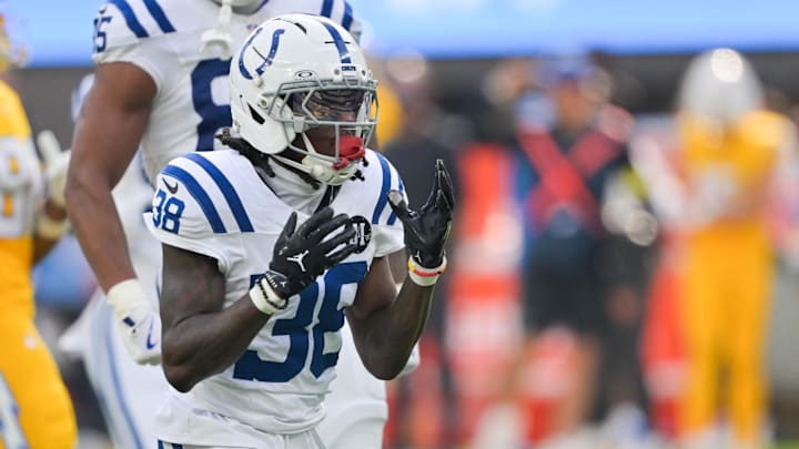 Oct 19, 2025; Inglewood, California, USA; Indianapolis Colts cornerback Chris Lammons (38) reacts after a defensive stop in the first half against the Los Angeles Chargers at SoFi Stadium. Mandatory Credit: Jayne Kamin-Oncea-Imagn Images