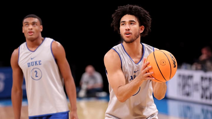 Mar 21, 2024; Brooklyn, NY, USA; Duke Blue Devils guard Jared McCain (0) looks to shoot the ball