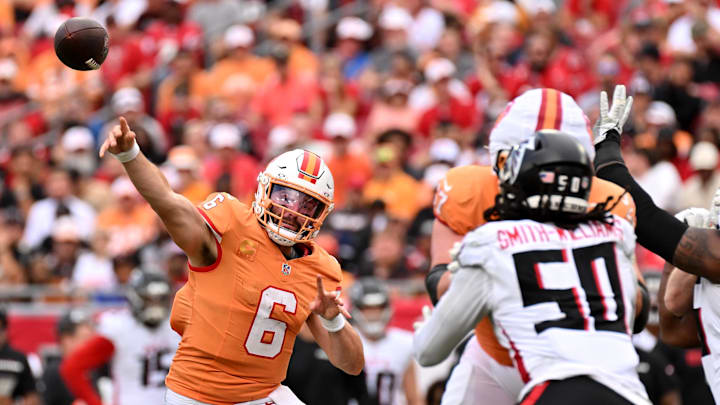 Tampa Bay Buccaneers quarterback Baker Mayfield throws a pass in the second half against the Atlanta Falcons.