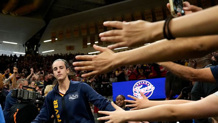 Indiana Fever guard Caitlin Clark (22) takes the court before an Indiana Fever game against the Brazil National Team May 4, 2025 at Carver-Hawkeye Arena in Iowa City, Iowa. Indiana Fever guard Caitlin Clark (22) takes the court before an Indiana Fever game against the Brazil National Team May 4, 2025 at Carver-Hawkeye Arena in Iowa City, Iowa.