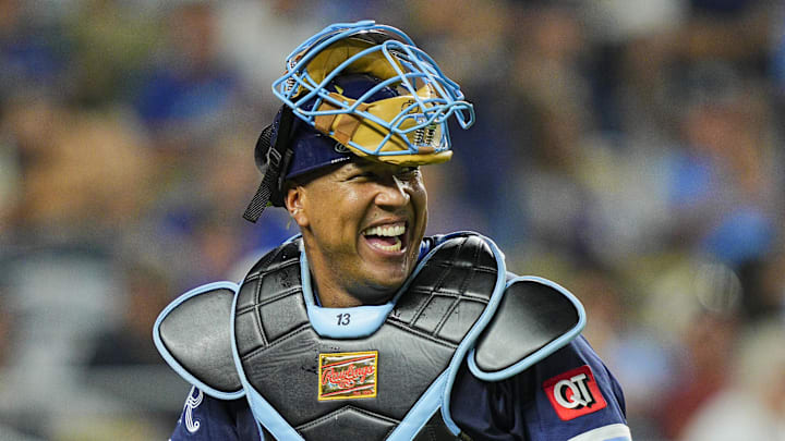 Sep 19, 2025; Kansas City, Missouri, USA; Kansas City Royals catcher Salvador Perez (13) reacts during the sixth inning against the Toronto Blue Jays at Kauffman Stadium. Mandatory Credit: Jay Biggerstaff-Imagn Images Sep 19, 2025; Kansas City, Missouri, USA; Kansas City Royals catcher Salvador Perez (13) reacts during the sixth inning against the Toronto Blue Jays at Kauffman Stadium. Mandatory Credit: Jay Biggerstaff-Imagn Images