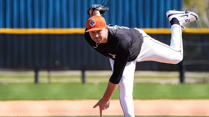 Detroit Tigers pitcher Tarik Skubal throws at batting practice during spring training at TigerTown in Lakeland, Fla. on Friday, Feb. 21, 2025.