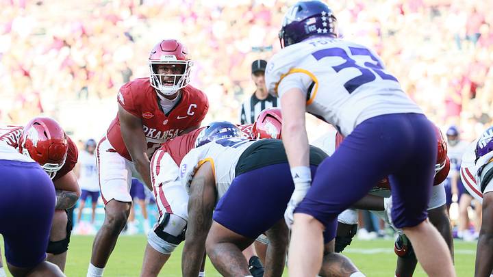 Sep 5, 2026; Fayetteville, Arkansas, USA;  Arkansas Razorbacks quarterback KJ Jackson (7) awaits a snap during the fourth quarter against the North Alabama Lions at Donald W. Reynolds Razorback Stadium.  Mandatory Credit: Nelson Chenault-Imagn Images