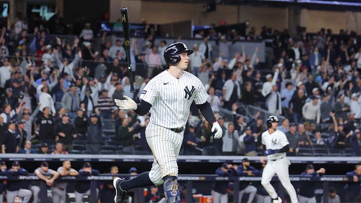 Sep 29, 2026; Bronx, New York, USA;  New York Yankees designated hitter Ben Rice (22) runs after hitting a grand slam home run against the Boston Red Sox during the eighth inning during game one of the Wildcard round for the 2026 MLB Playoffs at Yankee Stadium.  Mandatory Credit: Brad Penner-Imagn Images