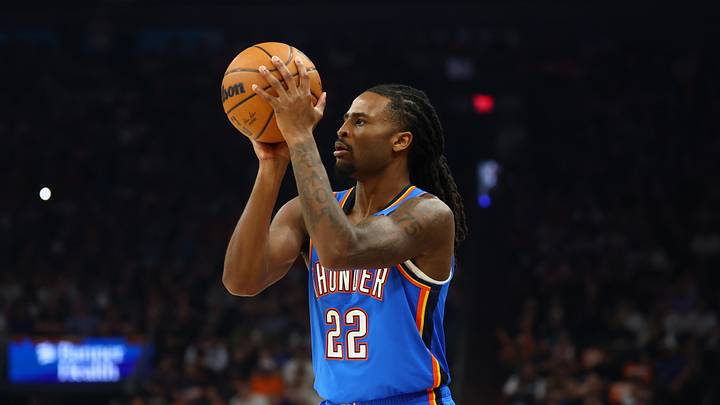 Apr 27, 2026; Phoenix, Arizona, USA; Oklahoma City Thunder guard Cason Wallace (22) against the Phoenix Suns during game four of the first round of the 2026 NBA Playoffs at Mortgage Matchup Center. Mandatory Credit: Mark J. Rebilas-Imagn Images Apr 27, 2026; Phoenix, Arizona, USA; Oklahoma City Thunder guard Cason Wallace (22) against the Phoenix Suns during game four of the first round of the 2026 NBA Playoffs at Mortgage Matchup Center. Mandatory Credit: Mark J. Rebilas-Imagn Images