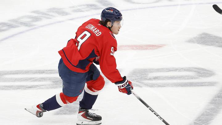 Mar 20, 2026; Washington, District of Columbia, USA; Washington Capitals right wing Ryan Leonard (9) skates with the puck against the New Jersey Devils during the third period at Capital One Arena. Mandatory Credit: Amber Searls-Imagn Images