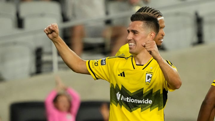 Aug 9, 2024; Columbus, OH, USA; Columbus Crew midfielder Dylan Chambost (7) celebrates a goal during the second half of the Leagues Cup soccer match against Sporting Kansas City at Lower.com Field. The Crew won 4-0.