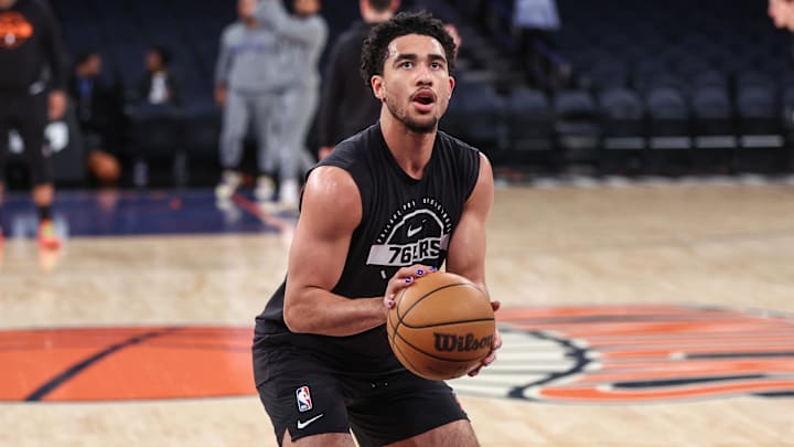 Jan 3, 2026; New York, New York, USA;  Philadelphia 76ers guard Jared McCain (20) warms up prior to the game against the New York Knicks at Madison Square Garden. Mandatory Credit: Wendell Cruz-Imagn Images