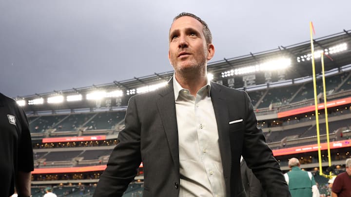 Sep 4, 2025; Philadelphia, Pennsylvania, USA; Philadelphia Eagles general manager Howie Roseman looks on before the game between the Philadelphia Eagles and the Dallas Cowboys at Lincoln Financial Field. Mandatory Credit: Bill Streicher-Imagn Images