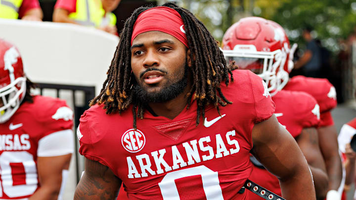 Arkansas defensive lineman Nico Davillier enters the field against Western Carolina. 