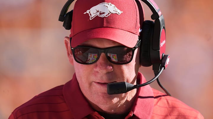 Arkansas interim coach Bobby Petrino during the NCAA college football game against Tennessee on Oct. 11, 2025, in Knoxville, Tennessee. Arkansas interim coach Bobby Petrino during the NCAA college football game against Tennessee on Oct. 11, 2025, in Knoxville, Tennessee.