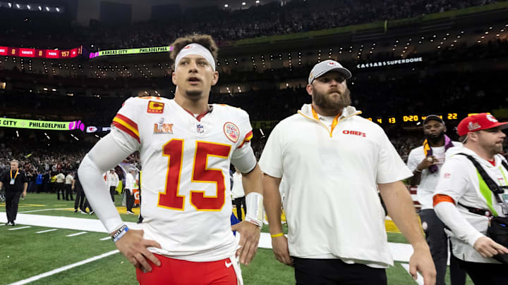Feb 9, 2025; New Orleans, LA, USA;  Kansas City Chiefs quarterback Patrick Mahomes (15) reacts after losing to the Philadelphia Eagles in Super Bowl LIX at Ceasars Superdome. Mandatory Credit: Mark J. Rebilas-Imagn Images