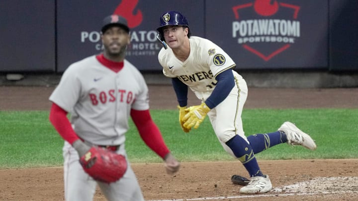 Milwaukee Brewers outfielder Sal Frelick (10) watches his RBI single off of Boston Red Sox pitcher Aroldis Chapman (44) to tie the game during the ninth inning of their game Tuesday, May 27, 2025 at American Family Field in Milwaukee, Wisconsin.
