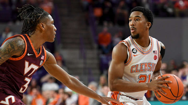 Feb. 12, 2026; Virginia Tech guard Ben Hammond (3) defends Clemson guard Ace Buckner (21).