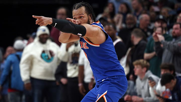 Feb 28, 2025; Memphis, Tennessee, USA; New York Knicks guard Jalen Brunson (11) reacts after a three point basket during the fourth quarter against the Memphis Grizzlies at FedExForum. Mandatory Credit: Petre Thomas-Imagn Images