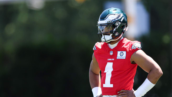May 30, 2024; Philadelphia, PA, USA; Philadelphia Eagles quarterback Jalen Hurts (1) looks on during practice at NovaCare Complex. 