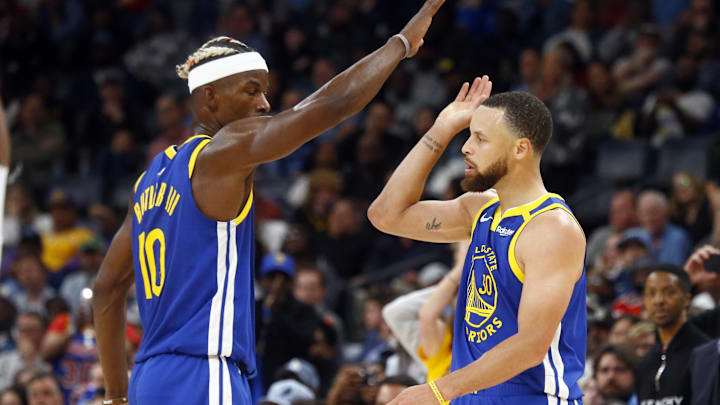 Apr 1, 2025; Memphis, Tennessee, USA; Golden State Warriors forward Jimmy Butler III (10) reacts with guard Stephen Curry (30) during the fourth quarter against the Memphis Grizzlies at FedExForum. Mandatory Credit: Petre Thomas-Imagn Images Apr 1, 2025; Memphis, Tennessee, USA; Golden State Warriors forward Jimmy Butler III (10) reacts with guard Stephen Curry (30) during the fourth quarter against the Memphis Grizzlies at FedExForum. Mandatory Credit: Petre Thomas-Imagn Images
