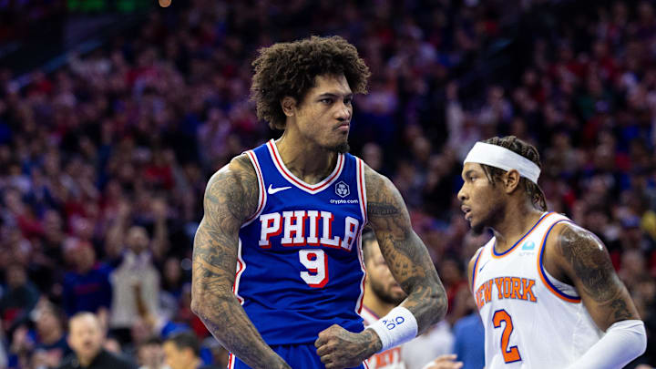 Apr 25, 2024; Philadelphia, Pennsylvania, USA; Philadelphia 76ers guard Kelly Oubre Jr. (9) reacts