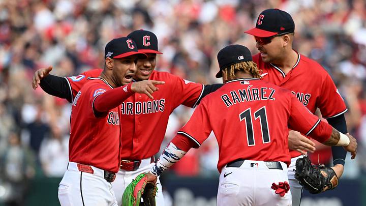 Oct 15, 2026; Cleveland, Ohio, USA; Cleveland Guardians shortstop Brayan Rocchio (4), second baseman Angel Genao (17), third baseman Jose Ramirez (11) and first baseman Nathaniel Lowe (46) celebrate a win against the Tampa Bay Rays in game three of the ALCS for the 2026 MLB Playoffs at Progressive Field. Mandatory Credit: Ken Blaze-Imagn Images Oct 15, 2026; Cleveland, Ohio, USA; Cleveland Guardians shortstop Brayan Rocchio (4), second baseman Angel Genao (17), third baseman Jose Ramirez (11) and first baseman Nathaniel Lowe (46) celebrate a win against the Tampa Bay Rays in game three of the ALCS for the 2026 MLB Playoffs at Progressive Field. Mandatory Credit: Ken Blaze-Imagn Images