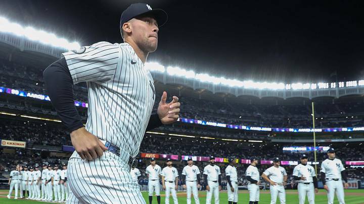 Oct 7, 2026; Bronx, New York, USA; New York Yankees right fielder Aaron Judge (99)  against the Tampa Bay Rays in game three of the ALDS for the 2026 MLB Playoffs at Yankee Stadium. Mandatory Credit: Wendell Cruz-Imagn Images