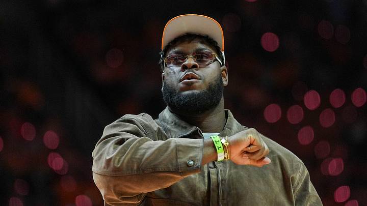Former Tennessee football player Trey Smith during a NCAA basketball game between Tennessee and Alabama at Thompson-Boling Arena at Food City Center in Knoxville, Tenn., on Feb. 28, 2026.