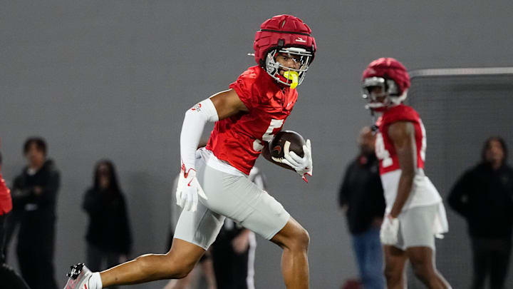 Ohio State Buckeyes wide receiver Mylan Graham (5) runs during spring football practice at the Woody Hayes Athletic Center in Columbus on March 19, 2025. Ohio State Buckeyes wide receiver Mylan Graham (5) runs during spring football practice at the Woody Hayes Athletic Center in Columbus on March 19, 2025.
