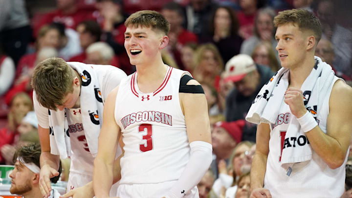 Jan 26, 2024; Madison, Wisconsin, USA; Wisconsin Badgers guard Connor Essegian (3) celebrates a