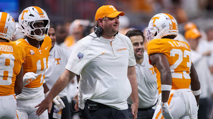 Aug 30, 2025; Atlanta, Georgia, USA; Tennessee Volunteers head coach Josh Heupel on the sideline against the Syracuse Orange in the first quarter at Mercedes-Benz Stadium. Mandatory Credit: Brett Davis-Imagn Images