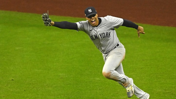 New York Yankees outfielder Juan Soto (22) makes the final out during the tenth inning to beat the Cleveland Guardians during game five of the ALCS for the 2024 MLB playoffs at Progressive Field on Oct 19.