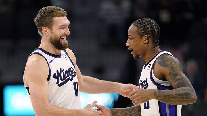 Dec 6, 2024; San Antonio, Texas, USA; Sacramento Kings center Domantas Sabonis (11) and forward DeMar DeRozan (10) embrace before a game the San Antonio Spurs at Frost Bank Center. Dec 6, 2024; San Antonio, Texas, USA; Sacramento Kings center Domantas Sabonis (11) and forward DeMar DeRozan (10) embrace before a game the San Antonio Spurs at Frost Bank Center.