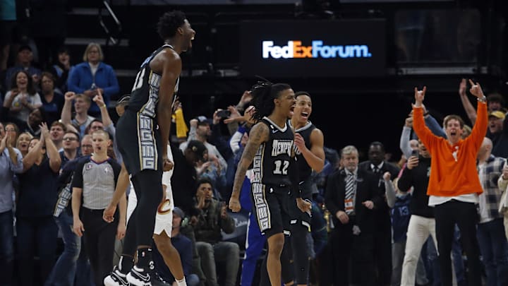 Jan 18, 2023; Memphis, Tennessee, USA; Memphis Grizzlies guard Ja Morant (12), guard Desmond Bane