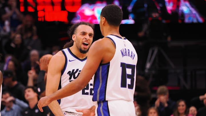 Mar 19, 2025; Sacramento, California, USA; Sacramento Kings guard Devin Carter (22) celebrates with forward Keegan Murray (13) after Murray’s basket against the Cleveland Cavaliers during the third quarter at Golden 1 Center. Mandatory Credit: Kelley L Cox-Imagn Images Mar 19, 2025; Sacramento, California, USA; Sacramento Kings guard Devin Carter (22) celebrates with forward Keegan Murray (13) after Murray’s basket against the Cleveland Cavaliers during the third quarter at Golden 1 Center. Mandatory Credit: Kelley L Cox-Imagn Images