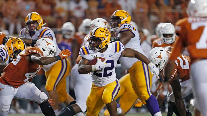 LSU Tigers running back Clyde Edwards-Helaire looks for running room against the Texas Longhorns. LSU Tigers running back Clyde Edwards-Helaire looks for running room against the Texas Longhorns.