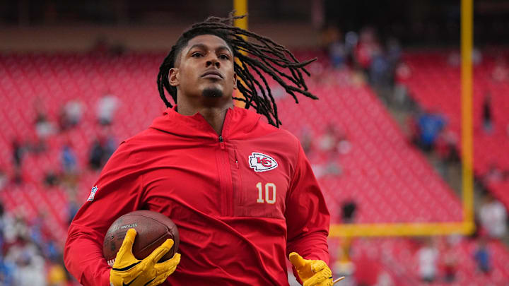 Oct 12, 2025; Kansas City, Missouri, USA; Kansas City Chiefs running back Isiah Pacheco (10) practices before the game against the Detroit Lions at GEHA Field at Arrowhead Stadium. Mandatory Credit: Denny Medley-Imagn Images